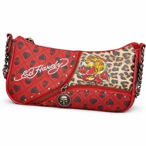 Ed Hardy Red Leopard Tiger Shoulder Bag Y2K Skull Rhinestone Purse
